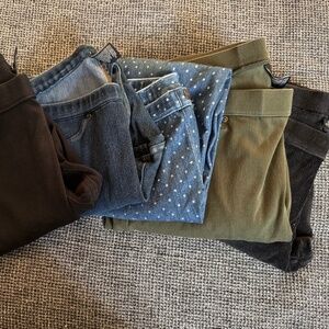 Hue Leggings in Black, Navy, Blue Dots, Olive Green and Black Corduroy, Size M.